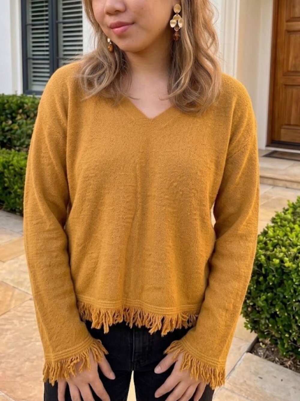 Anthropologie V-Neck Fringe Trim Marigold Yellow Boho Pullover Knit Sweater